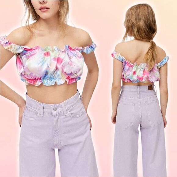 TACH Goda Silk Blend Floral Multicolor Ruffle Crop Top Sz Medium - Picture 1 of 7